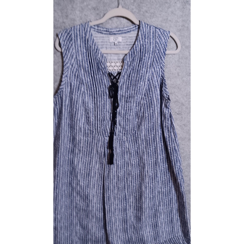Crown & Ivy 100% Linen Sleeveless Dress Blue Stripes 14-16W Tie Up Summer EUC